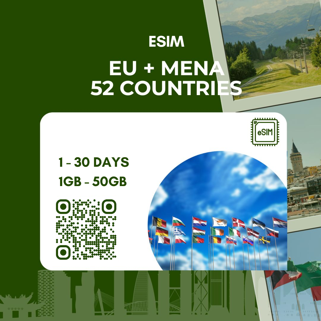 eSIM Châu Âu + MENA 52 quốc gia