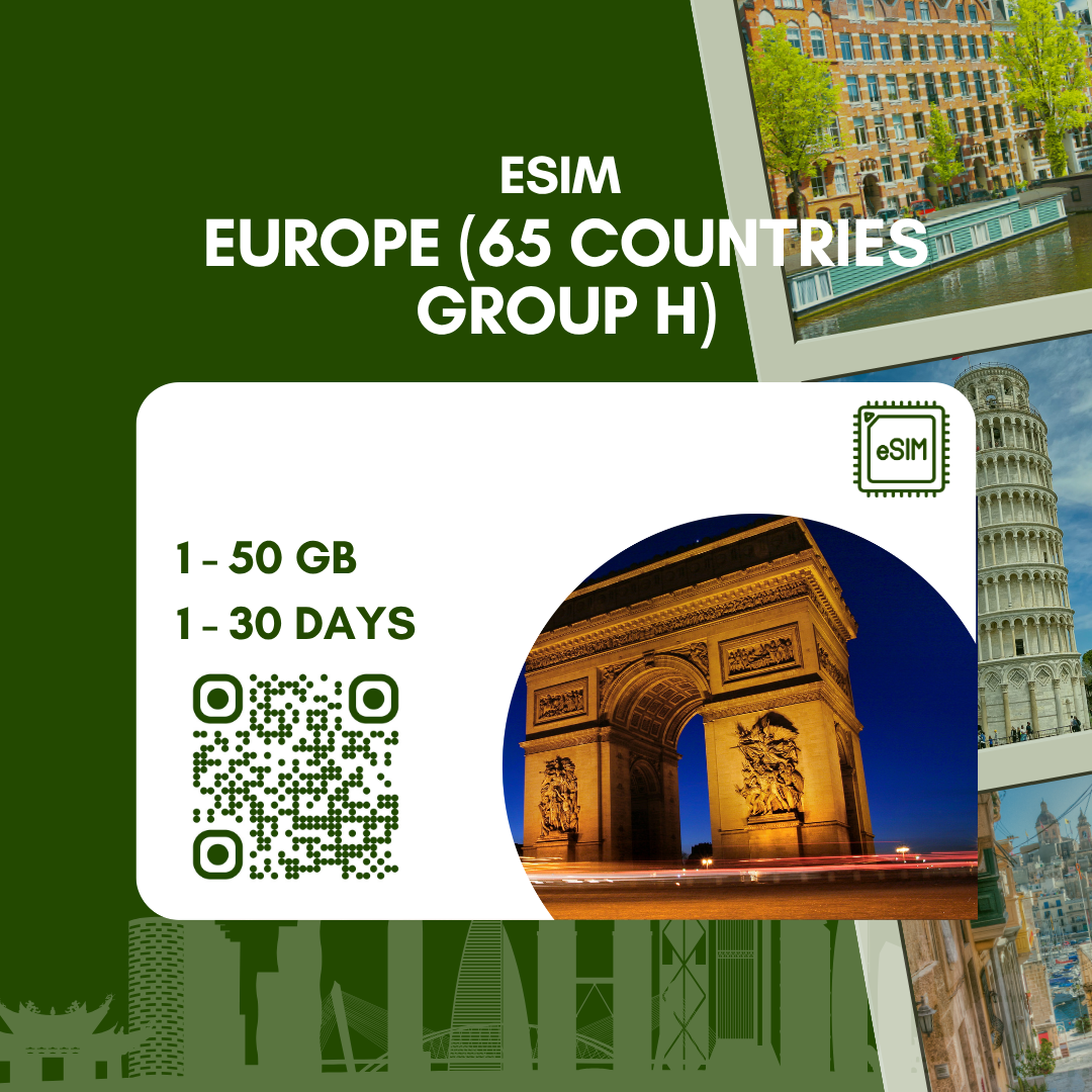 eSim châu Âu (65 nước group H) tốc độ cao 4G, chỉ có data